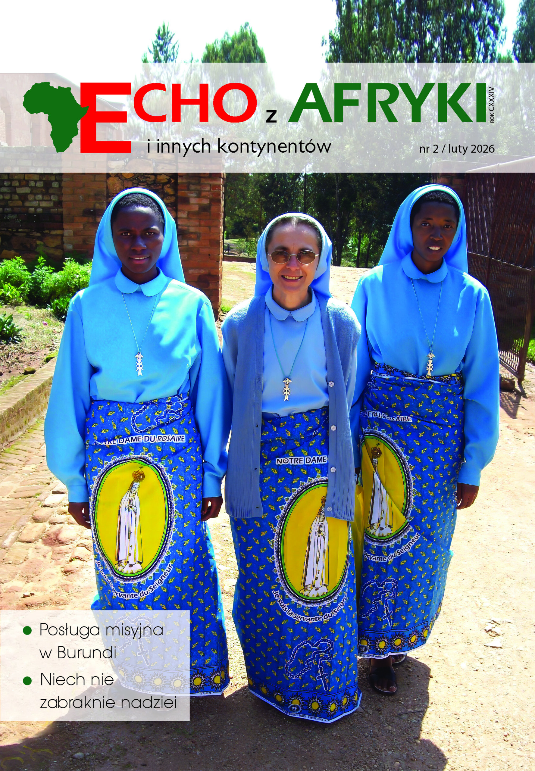 Trzy siostry zakonne w strojach misyjnych w Burundi – okładka czasopisma „Echo z Afryki i innych kontynentów”, luty 2026